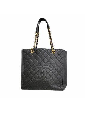 Chanel Chain Tote Bag Quilted Caviar Leather Black Gold